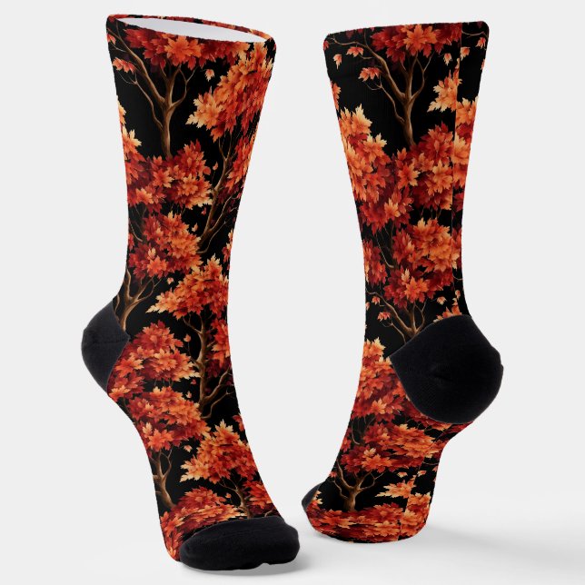 Red Fall Maple Tree Seamless Pattern Graphic Socks (Angled)