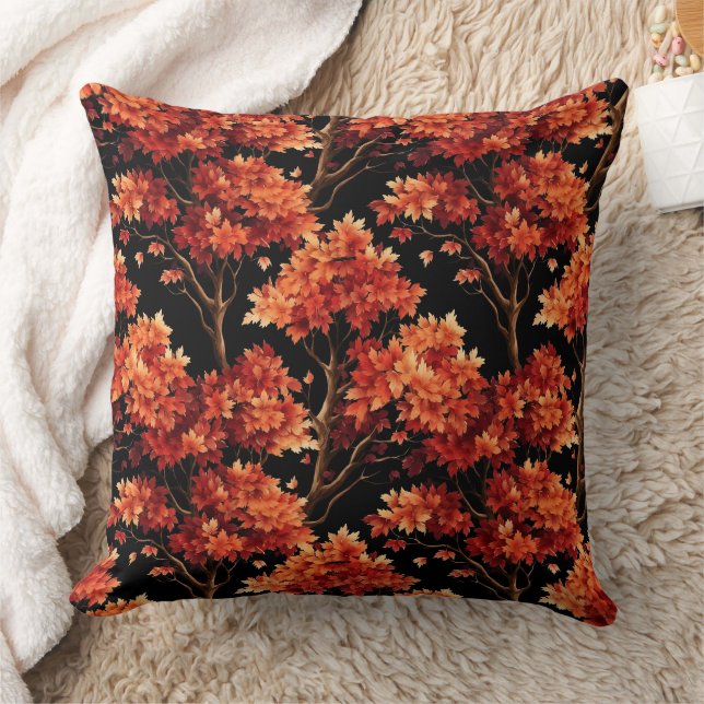 Red Fall Maple Tree Seamless Pattern Graphic Throw Pillow (Blanket)