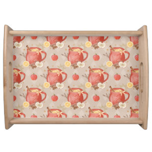RED FALL MUGS OF APPLE CIDER WITH LEMONS SERVING TRAY