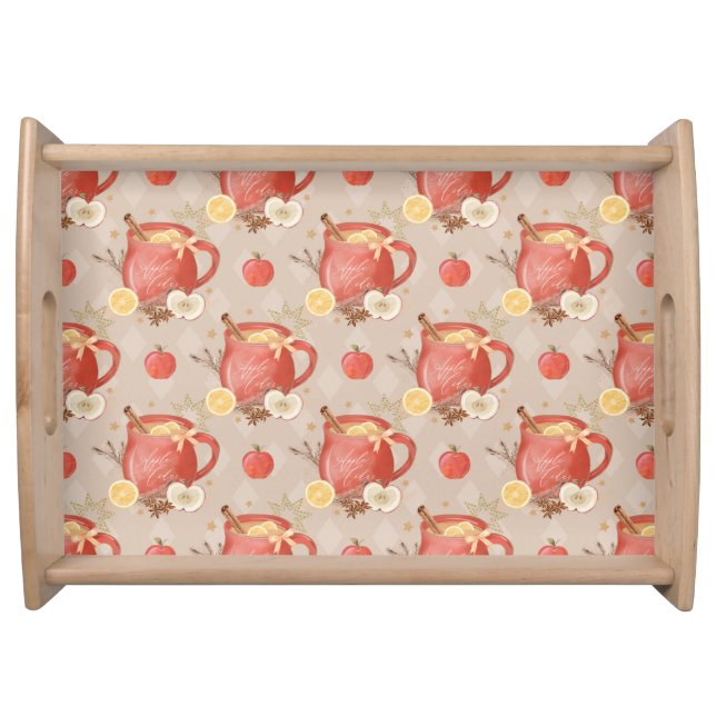 RED FALL MUGS OF APPLE CIDER WITH LEMONS SERVING TRAY (Front)