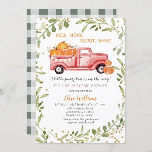 Red Fall Pumpkin Truck Drive by Baby Shower Invitation