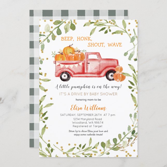 Red Fall Pumpkin Truck Drive by Baby Shower Invitation (Front/Back)