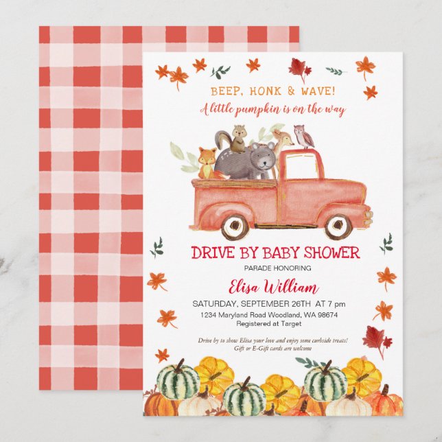 Red Fall Truck Pumpkin Autumn Drive By Baby Shower Invitation (Front/Back)