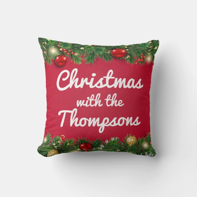 Red Family Christmas Holiday Home Throw Pillow (Front)