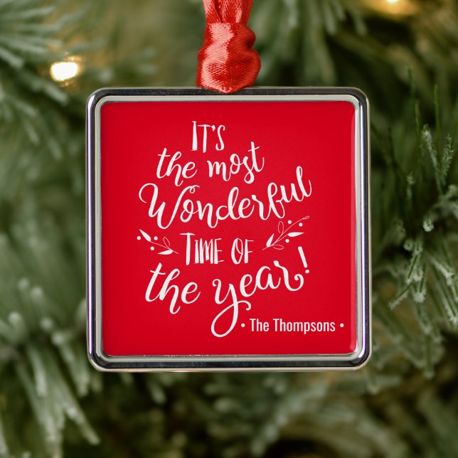 Red Family Name Wonderful time of year Christmas Metal Ornament (Tree)