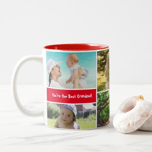 Red Family Photo Collage Personalized Custom Two-Tone Coffee Mug (With Donut)