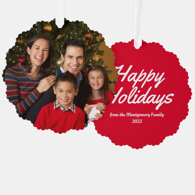 Red Family Photo Happy Holidays Ornament Card (Front/Back)