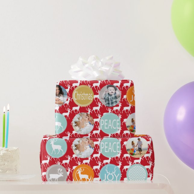 Red Family Photo Reindeer Christmas Merry Bright Wrapping Paper (Party Gifts)