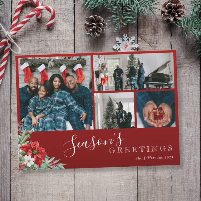 Red Family Photo Season's Greetings Christmas Holiday Card (Mockup View)