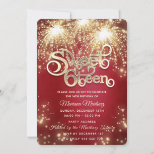 Red fancy elegant firework gold sparkle invitation