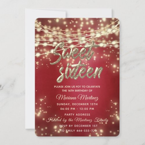 Red fancy elegant String lights gold sparkle  Invitation