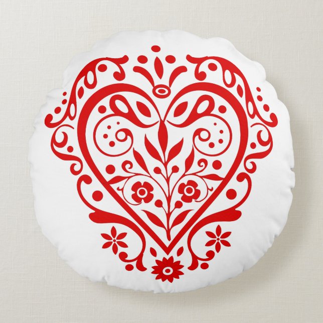 Red Fancy Heart Round Pillow (Front)