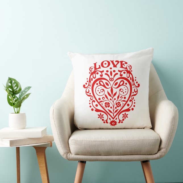 Red Fancy Love Heart 20in Throw Pillow (Chair)