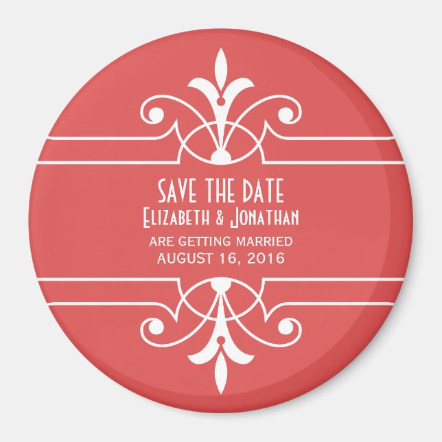 Red Fancy Ornamental Save the Date Magnet (Front)