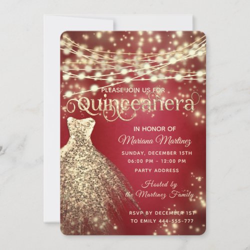 Red fancy String lights gold sparkle dress Invitation