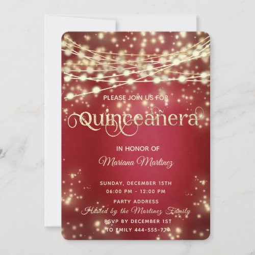 Red fancy String lights gold sparkle  Invitation