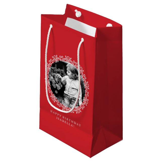 Red Fancy Swirls Photo Frame Small Gift Bag (Front Angled)