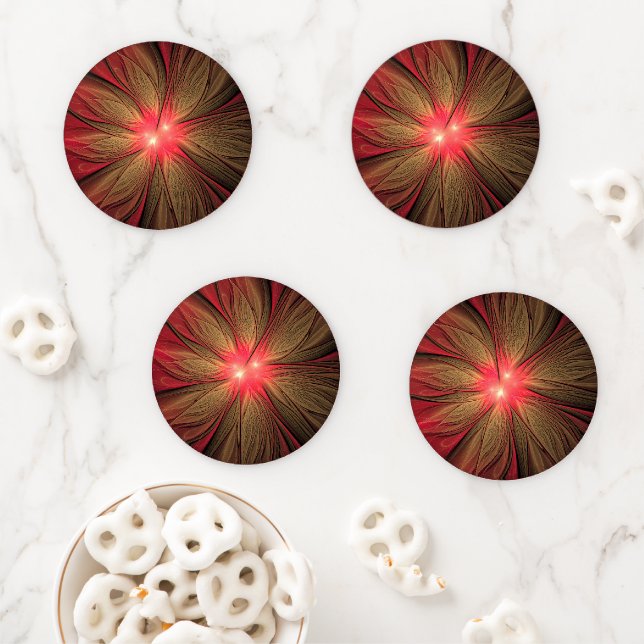 Red fansy fractal flower coaster set (In Situ)