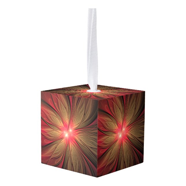 Red fansy fractal flower   cube ornament (Back Angled)