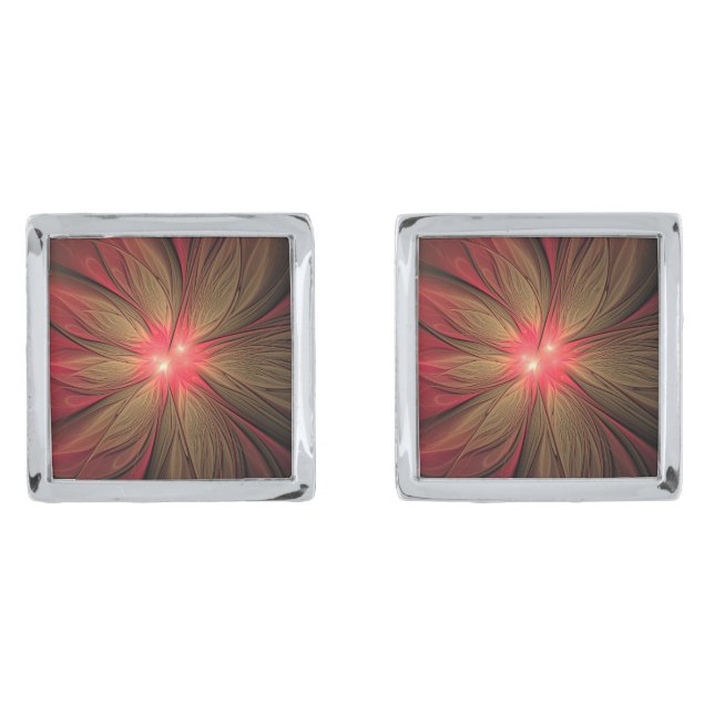 Red fansy fractal flower  cufflinks (Front)
