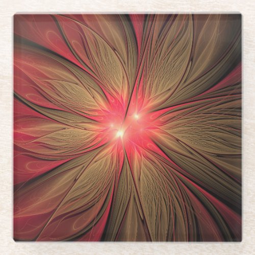 Red fansy fractal flower glass coaster