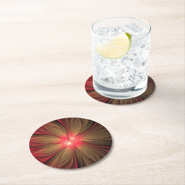 Red fansy fractal flower  round paper coaster (Insitu)