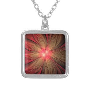 Red fansy fractal flower silver plated necklace