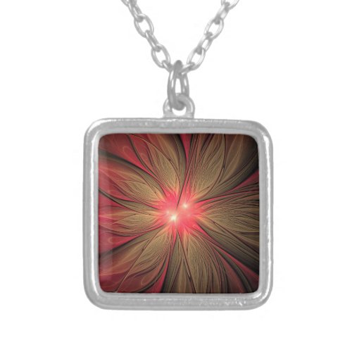 Red fansy fractal flower  silver plated necklace