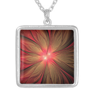 Red fansy fractal flower silver plated necklace