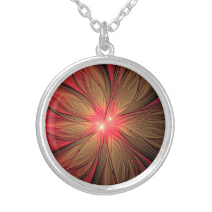 Red fansy fractal flower silver plated necklace