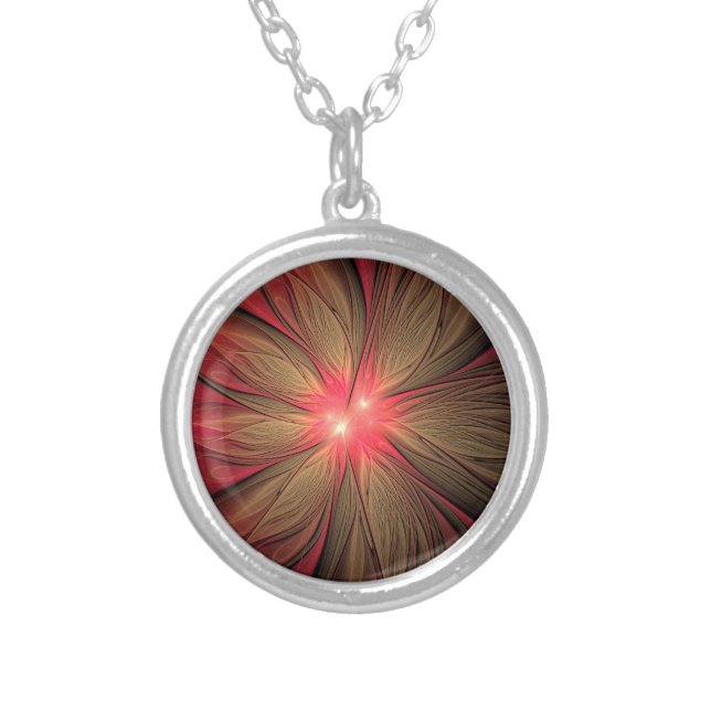 Red fansy fractal flower  silver plated necklace (Front)