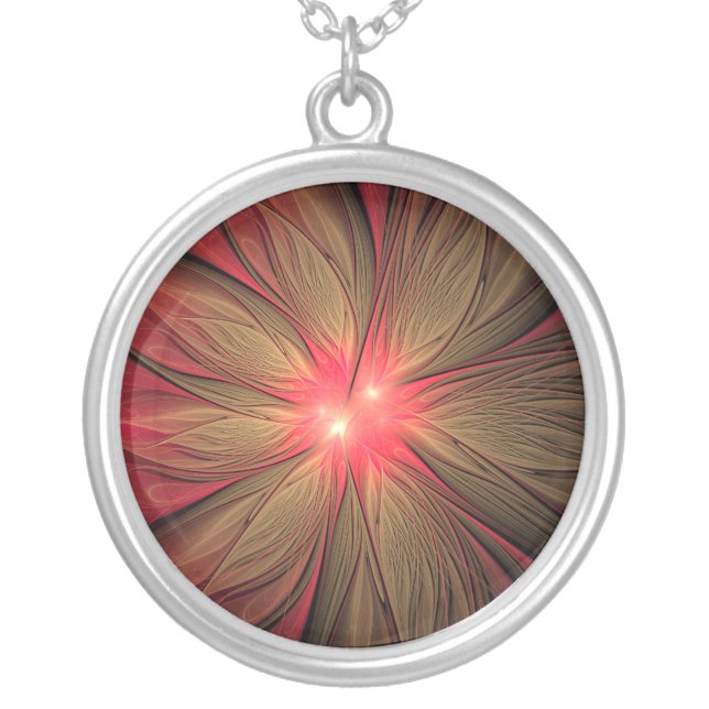 Red fansy fractal flower  silver plated necklace (Front)