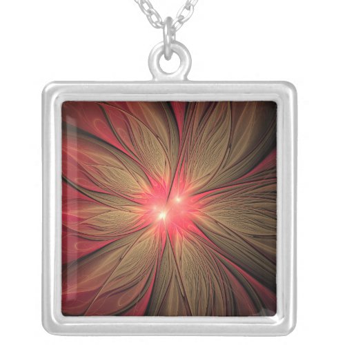 Red fansy fractal flower  silver plated necklace