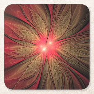 Red fansy fractal flower   square paper coaster