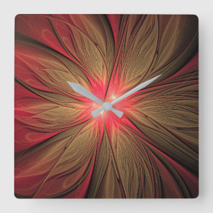 Red fansy fractal flower square wall clock