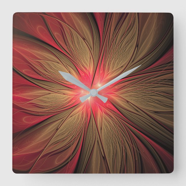 Red fansy fractal flower  square wall clock (Front)