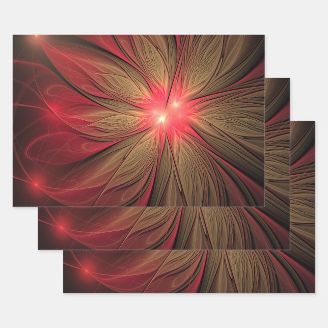 Red fansy fractal flower  wrapping paper sheets (Set)