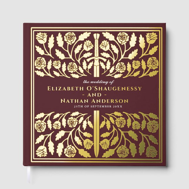 Red Fantasy Royal Medieval Sword Wedding Foil Guest Book (Front)