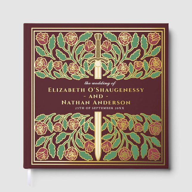 Red Fantasy Royal Medieval Sword Wedding Foil Guest Book (Front)