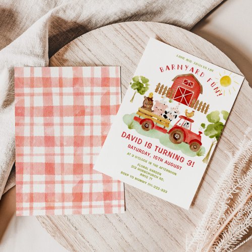 Red Farm animals 3rd birthday party Invitation