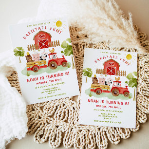 Red Farm animals 6th birthday party Invitation