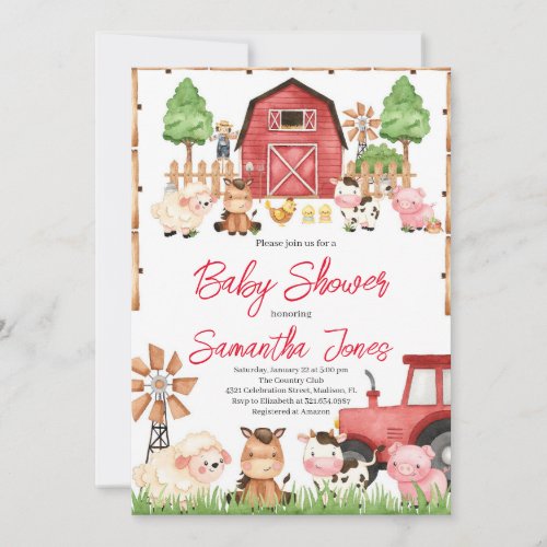 Red Farm Animals Baby Shower Invitation