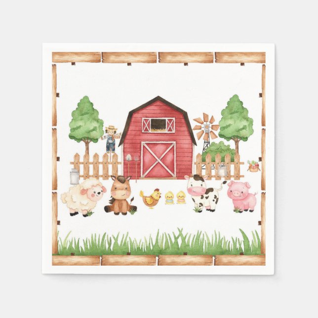 Red Farm Animals Baby Shower Napkins (Front)