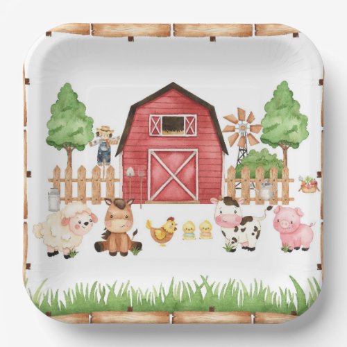 Red Farm Animals Baby Shower Paper Plates