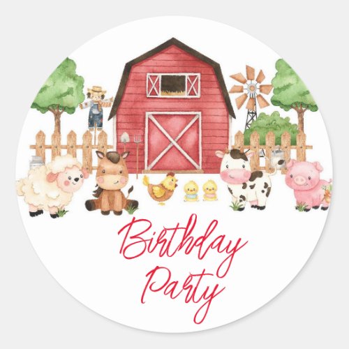 Red Farm Animals Birthday Party Classic Round Sticker