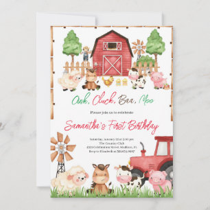 Red Farm Animals Birthday Party Invitation