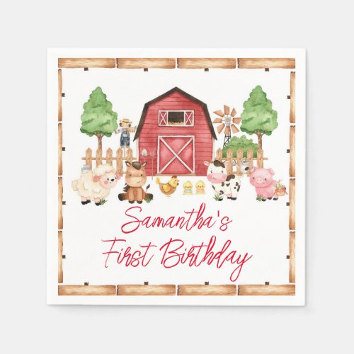 Red Farm Animals Birthday Party Napkins