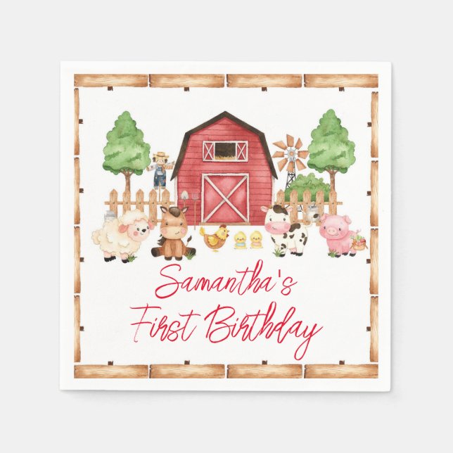 Red Farm Animals Birthday Party Napkins (Front)