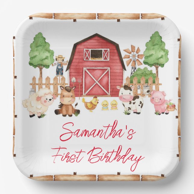 Red Farm Animals Birthday Party Paper Plates (Front)