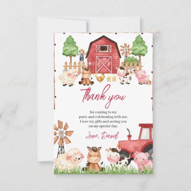 Red Farm Animals Birthday Party Thank You Card (Front)